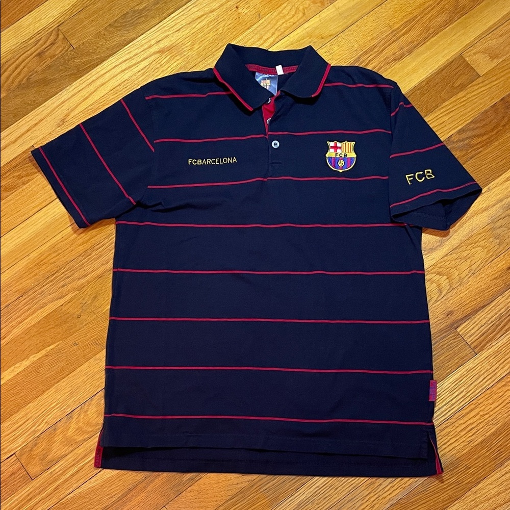 FC BARCELONA Soccer Football Navy & Red Polo Shirt Embroidered Logos Sporty